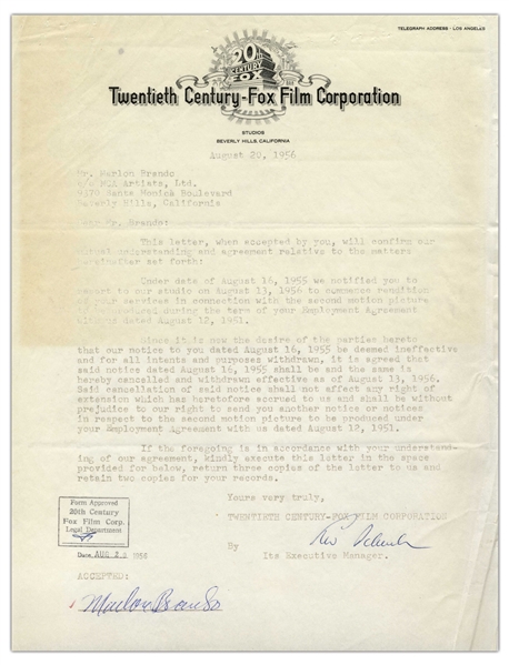 Marlon Brando Signed Agreement with 20th Century Fox From 1956